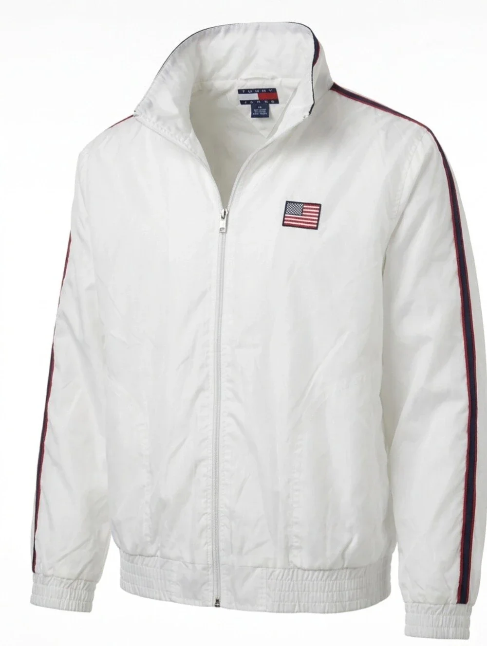 Tommy Hilfiger White Windbreaker with Red & Navy Stripe Accents